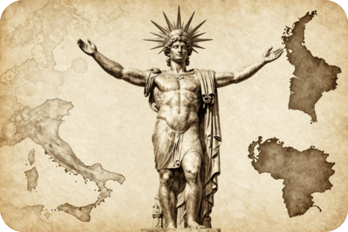 Ilustración Prólogo - El Coloso con banderas de Italia, Colombia y Venezuela